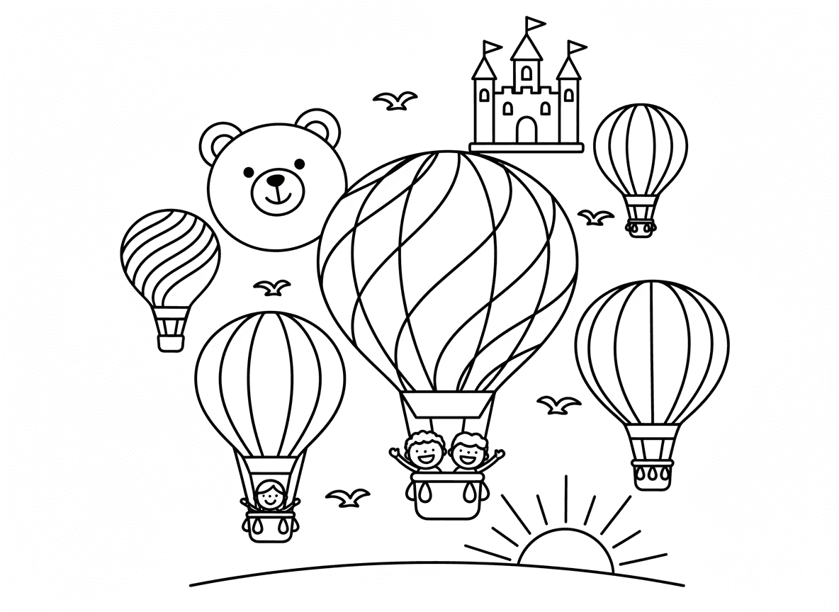 פסטיבל כדורים פורחים - כדורים פורחים צבעוניים רבים בצורות שונות מרחפים בשמיים, כדור בצורת דוב, אחד כמו טירה, כדור קשת, ילדים בסלים מנופפים, ציפורים עפות בין כדורים, זריחה