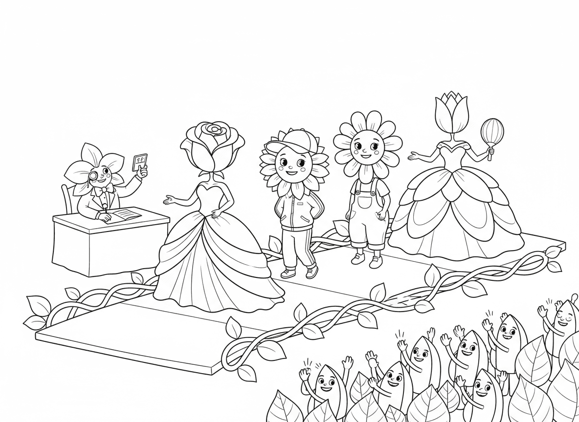 תצוגת אופנה של פרחים - פרחים הולכים על מסלול בתצוגת אופנת גינה, ורד בשמלת ערב אלגנטית, חמנייה בתלבושת ספורטיבית, חיננית בלבוש יומיומי, צבעוני בשמלת נשף, סחלב כשופטת, קהל עלים מוחא כפיים