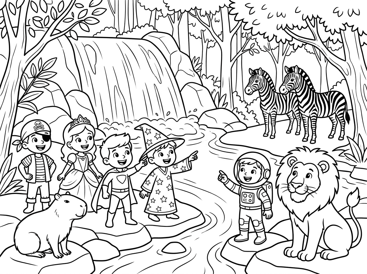 הרבה ילדים שמתחפשים במפל עם קפיברה, אריה. הילדים רואים זברות.