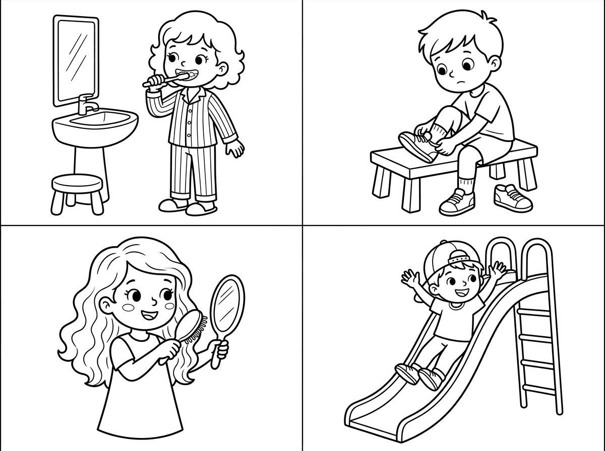 היי, תיצור לי דף צביעה של 4 ילדים שעושים פעלים שונים-
מצחצח שיניים
נועל נעליים
מבריש שיער 
ומתגלה במגלשה