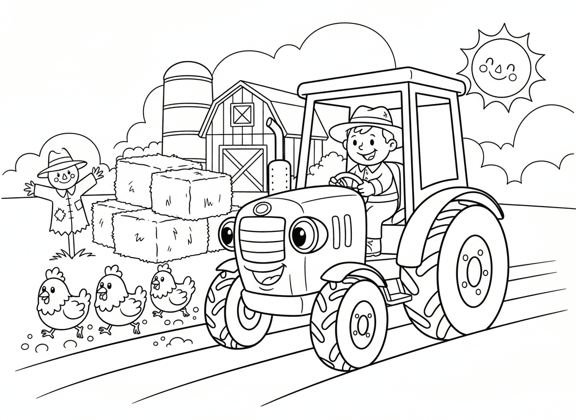 טרקטור עובד בחווה - טרקטור גדול וידידותי עם פרצוף מחייך חורש שדה בחווה, חקלאי נוהג, תרנגולות רצות לצד, חבילות חציר ברקע, אסם וממגורה, דחליל מנופף, שמש זורחת
