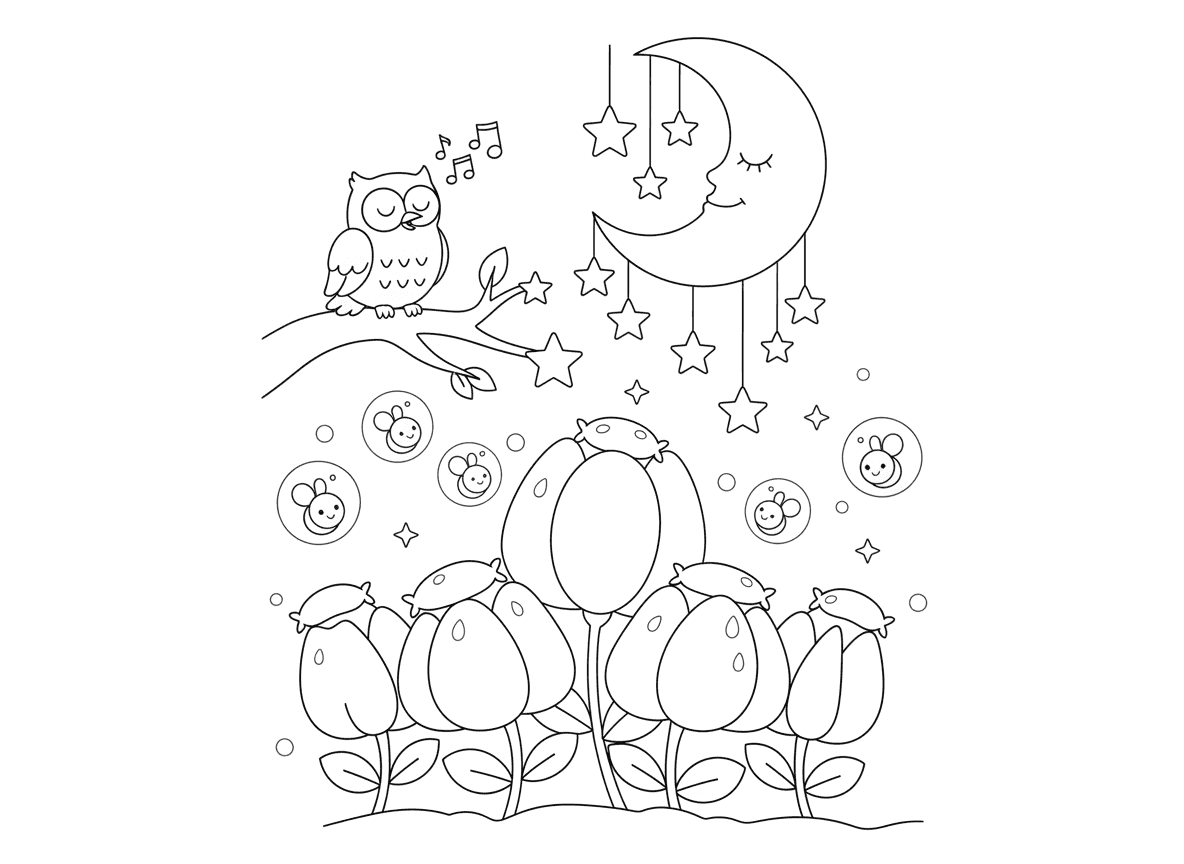 גן פרחים ישנים בלילה - גן פרחים שליו בלילה עם פרחים ישנים, עלי כותרת סגורים כשמיכות, טיפות טל ככריות, גחליליות כנורות לילה, ירח שומר עליהם, כוכבים כמובייל מעל, ינשוף שר שיר ערש