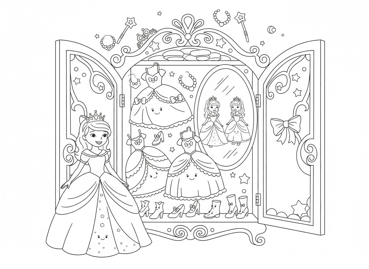 נסיכה והארון הקסום שלה - נסיכה פותחת ארון בגדים קסום ענק מלא שמלות נוצצות שמרחפות ורוקדות בעצמן, נעליים מהלכות מסביב, אביזרים עפים, מראה מציגה שילובי תלבושות שונים