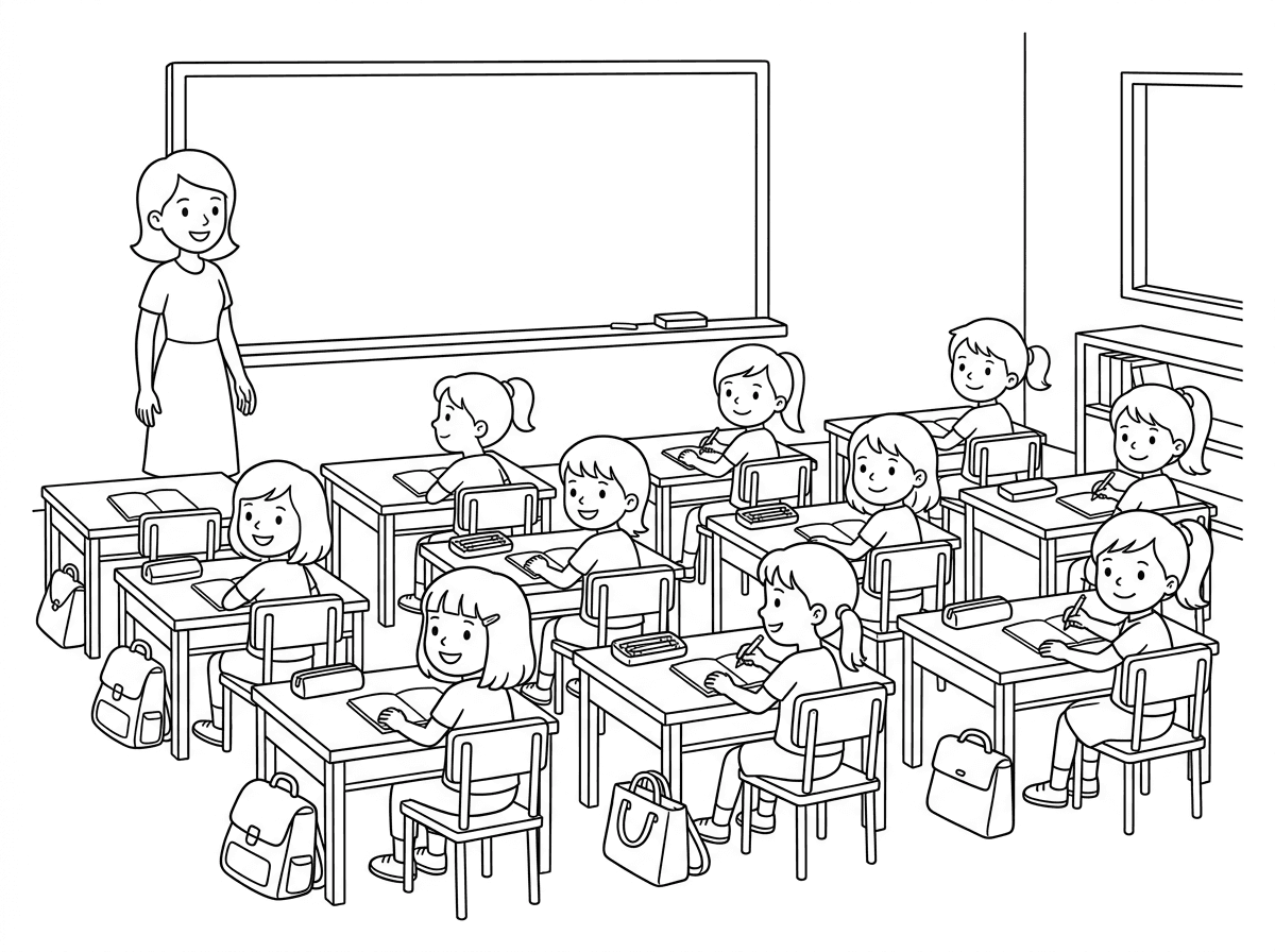 כיתה של הרבה ילדות משולחנות, וכיסאות, ולוח קיר, ומורה, ומחברות, וקלמרים, וילקוטים.