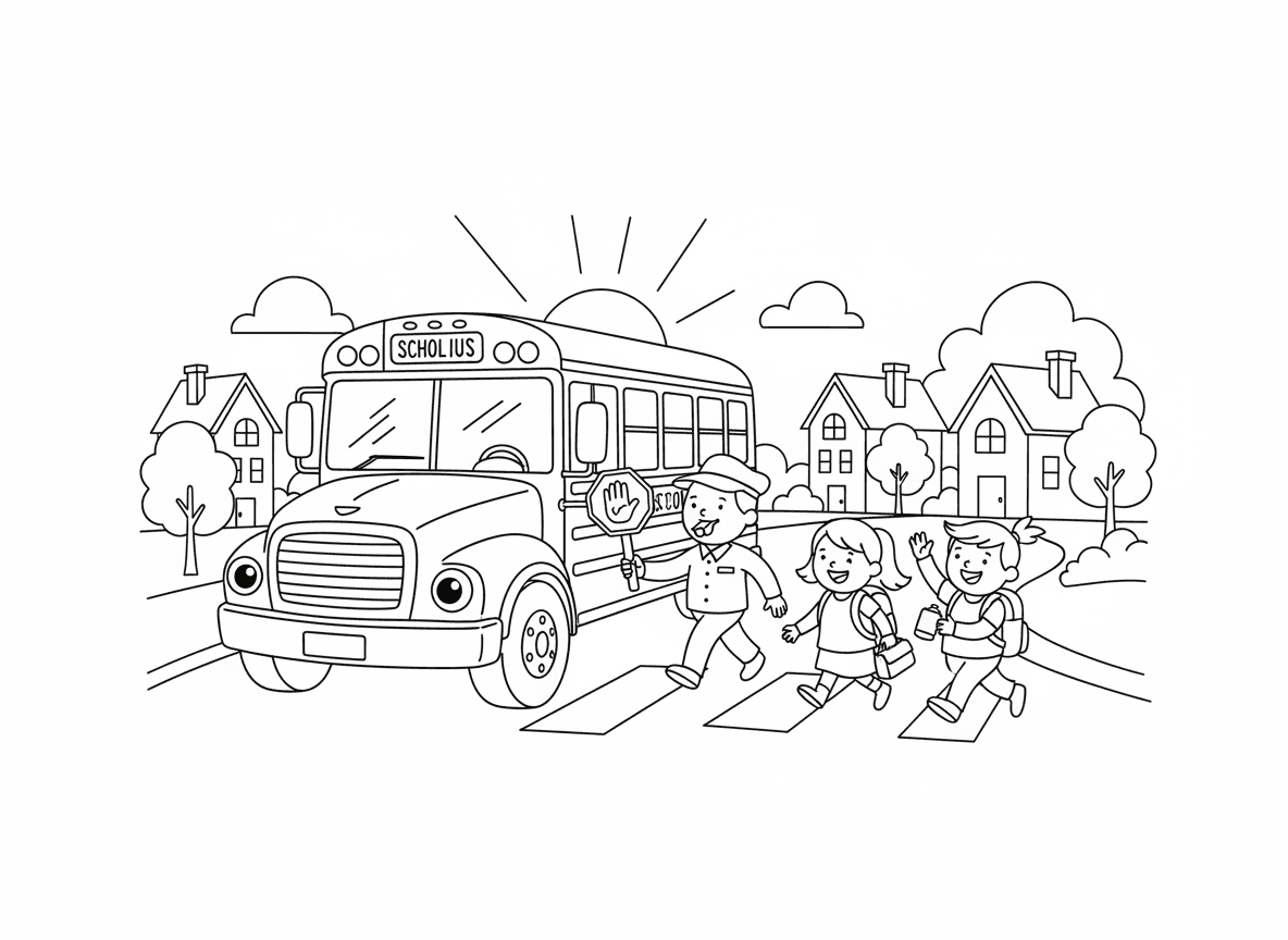 אוטובוס בית ספר אוסף ילדים - אוטובוס צהוב גדול עם פרצוף שמח עוצר לאסוף ילדים נרגשים, זרוע שלט עצור מורמת, תיקים וקופסאות אוכל, שוטר תנועה עוזר, בתים לאורך הרחוב, שמש בוקר