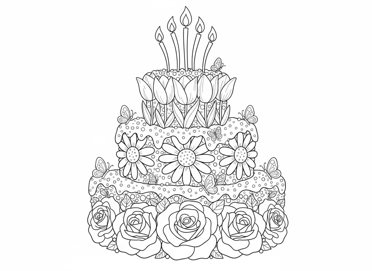 עוגת יום הולדת מפרחים - עוגת יום הולדת מפוארת עשויה כולה מפרחים אמיתיים, שכבות ורדים חינניות וצבעונים, נרות שהם פרחים גבוהים עם עלי כותרת בצורת להבה, ציפוי מאבקה, סוכריות פרפרים