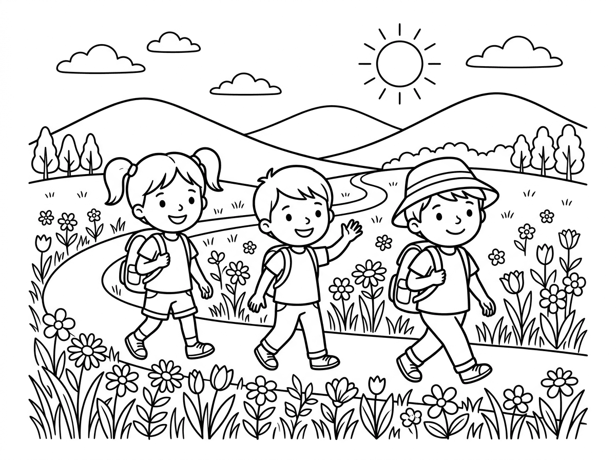 הי
אנא הכן לי ציור של ילדים מטיילים בשדה פורח ואביבי