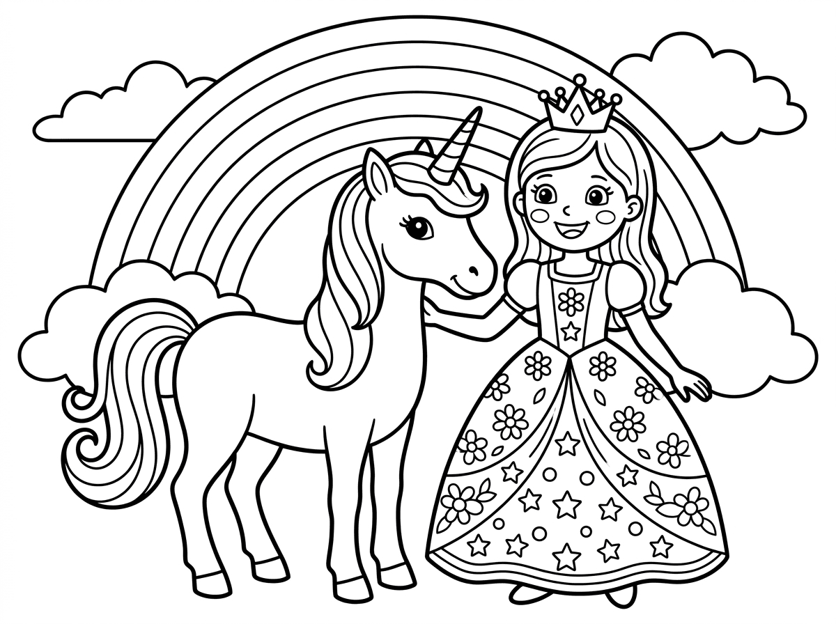 שלום אשמח לדף צביעה של נסיכה עם שמלה מפוארת ליד חד קרן  וברקע קשת בענן