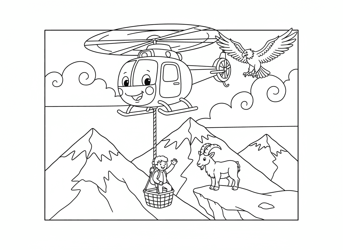 מסוק הצלה במשימה בהרים - מסוק הצלה מרחף מעל הרים מושלגים, מוריד חבל להציל מטייל תקוע, רוטורים מסתובבים, יעל צופה, נשר עף לצד, פסגות מושלגות, עננים דרמטיים