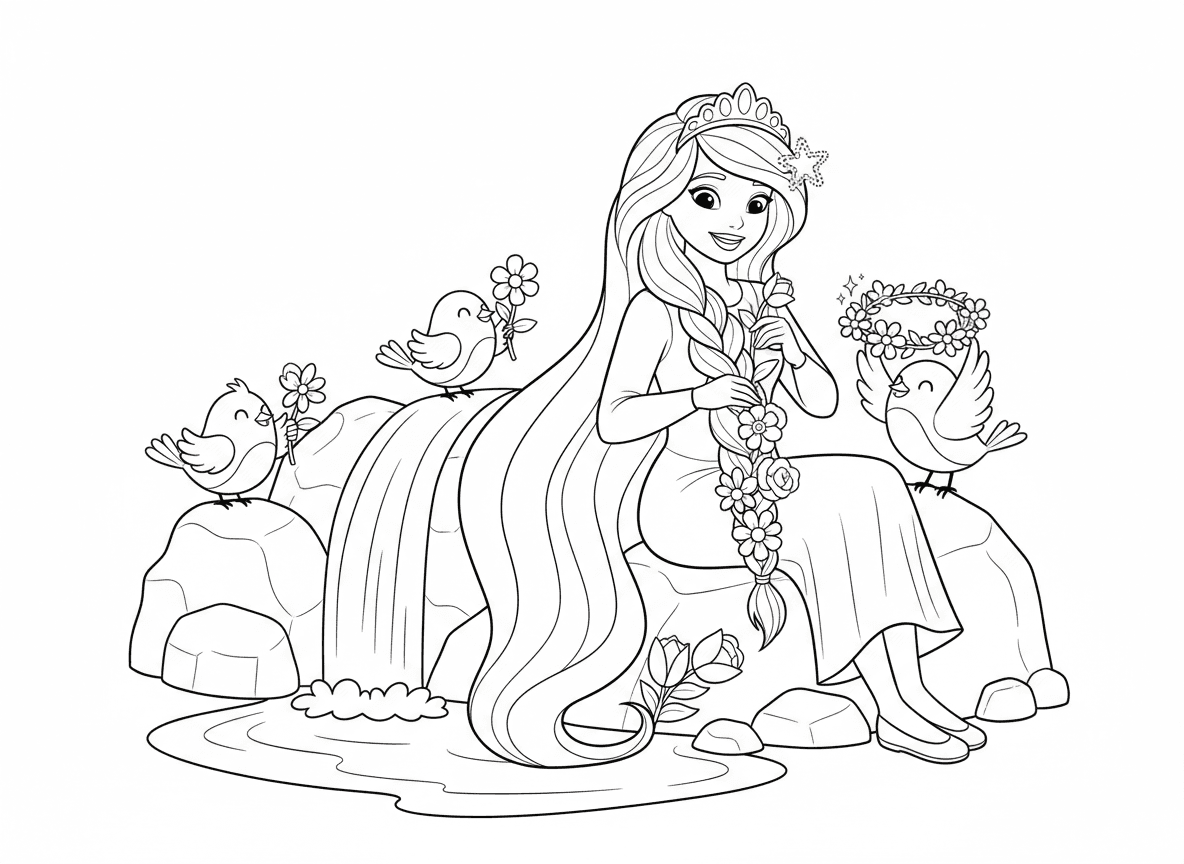 נסיכה עם שיער קשת קולעת פרחים - נסיכה עם שיער ארוך בצבעי הקשת קולעת פרחים לתוכו, כל חלק בצבע אחר, יושבת ליד מפל, ציפורים חברות עוזרות, כתר פרחים מורכב, סיכות שיער נוצצות