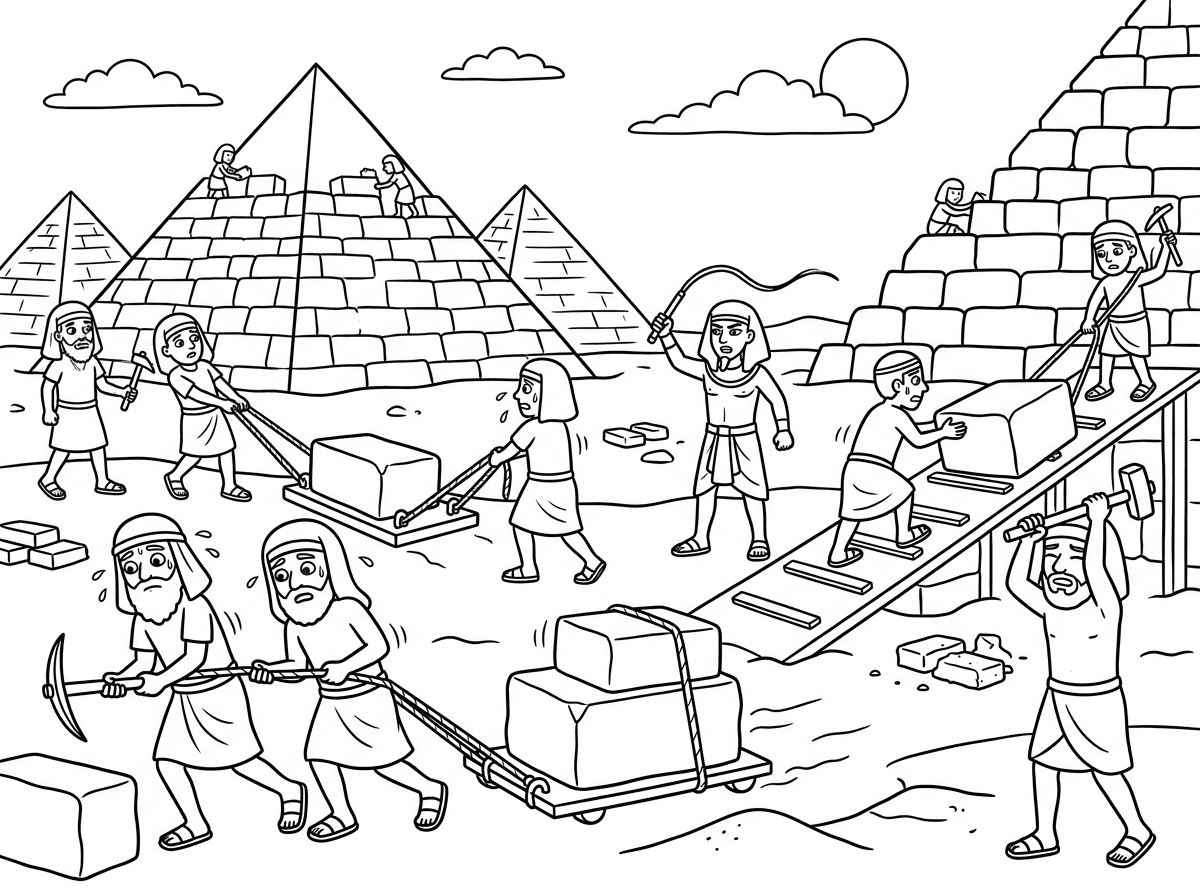 כמה שינויים בבקשה:
א. אלו שעובדים קשה אמורים להיות יהודים, בלבוש מלא של פעם כמו שמלות ועם זקן ובד קשור על הראש כמו פעם.
ב. הם לא שמחים, הם עצובים.
ג. יש "נוגס" מצרי שמאיים עם שוט
ד. הפירמידות מאחור בנויים מאבנים- לא חלק