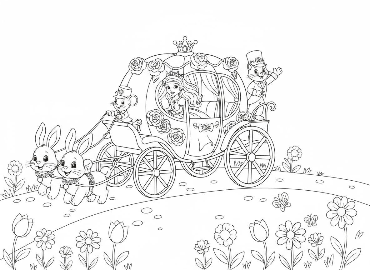 נסיכה נוהגת בכרכרה מלכותית שמושכים ארנבים - נסיכה בכרכרה מלכותית בצורת דלעת שמושכים ארבעה ארנבים פרוותיים עם רתמות זעירות, כרכרה מקושטת בוורדים, חתול משרת, עכבר עגלון, שביל פרחי בר