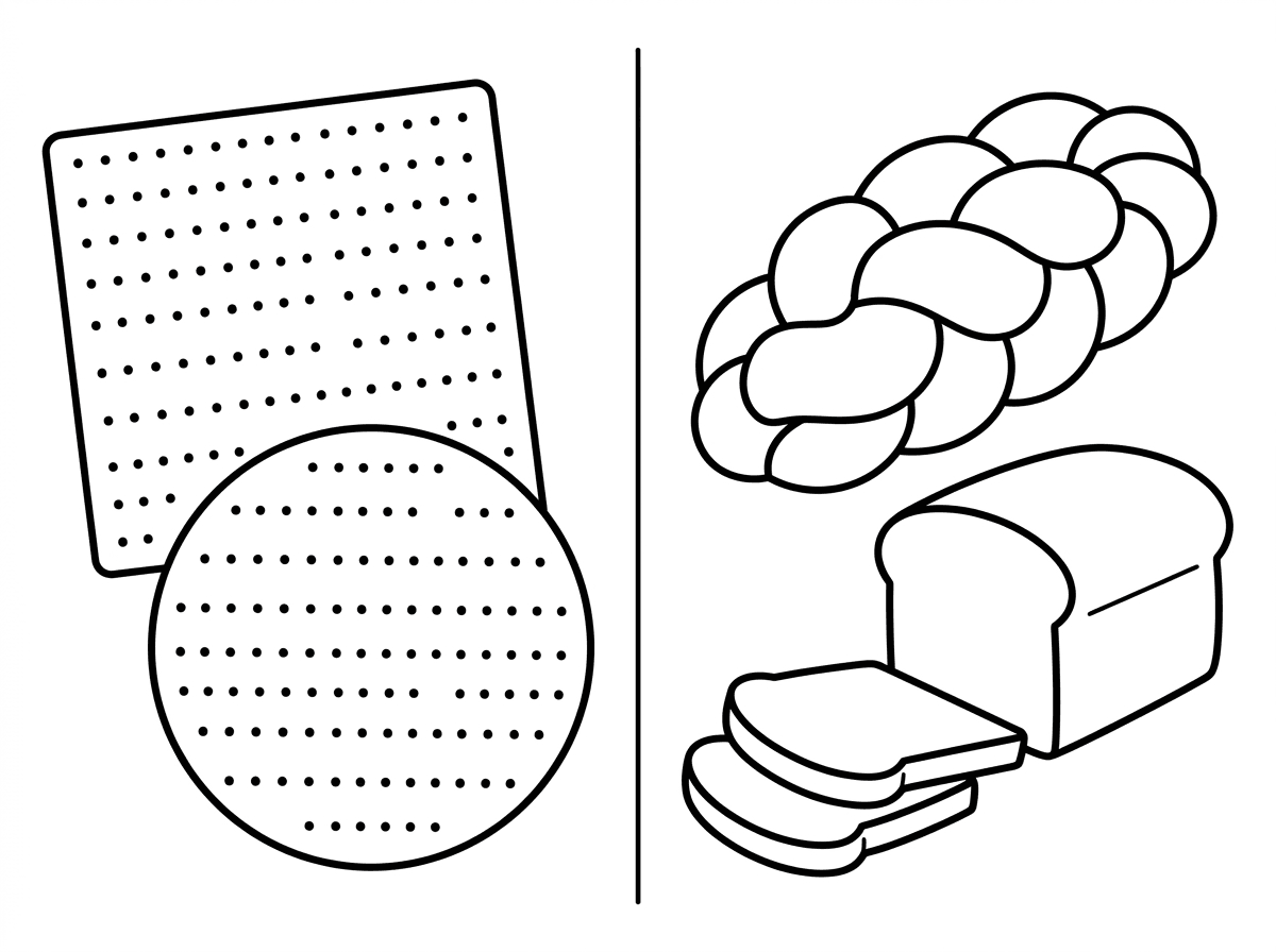 "תעשי בבקשה את הציור של המצה והחמץ, כשהמצה היא מצה מרובעת, מצה עגולה בלי אריזת מתנה. צד אחד מצה, צד שני חמץ, חלות, לחמים, "