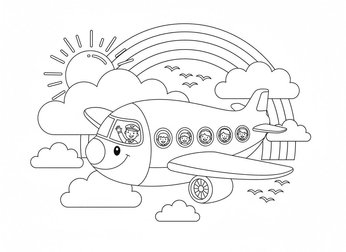 מטוס עף דרך עננים - מטוס נוסעים גדול עם פרצוף ידידותי עף דרך עננים רכים, נוסעים נראים בחלונות, טייס מנופף מהתא, שובל קשת מאחור, ציפורים עפות במסדר לצד, שמש מציצה מעננים