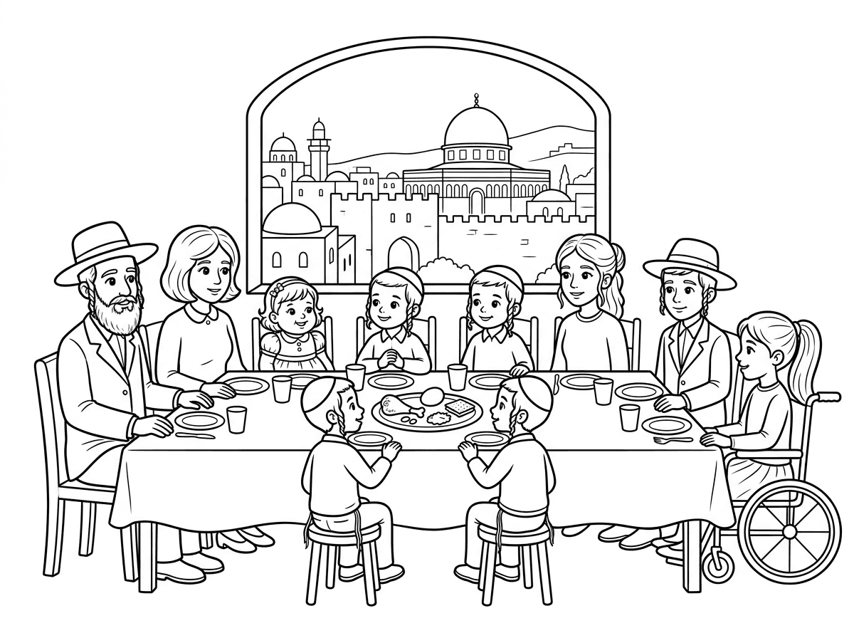 משפחה בת 8 נפשות בחורה בת 16 בחור עם כובע וחליפה בגיל 14 עם ילדה עם חצאית וקוקו ארוך על כסא גלגלים ו5 ילדים עם פאות מאחורי האוזנים אבא עם כובע אמא עם פאה וילדה בת 3 שמנמונת עם בגד שבתית, יושבים לדווח ליל הסדר בירושלים