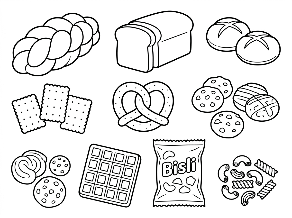 "I want a sheet with things that are chametz, like challah, bread, bread rolls, biscuits, pretzel, cookies, waffle, bisli, pasta and that they shouldn't be one on top of the other, they should be separate so they can be cut out"