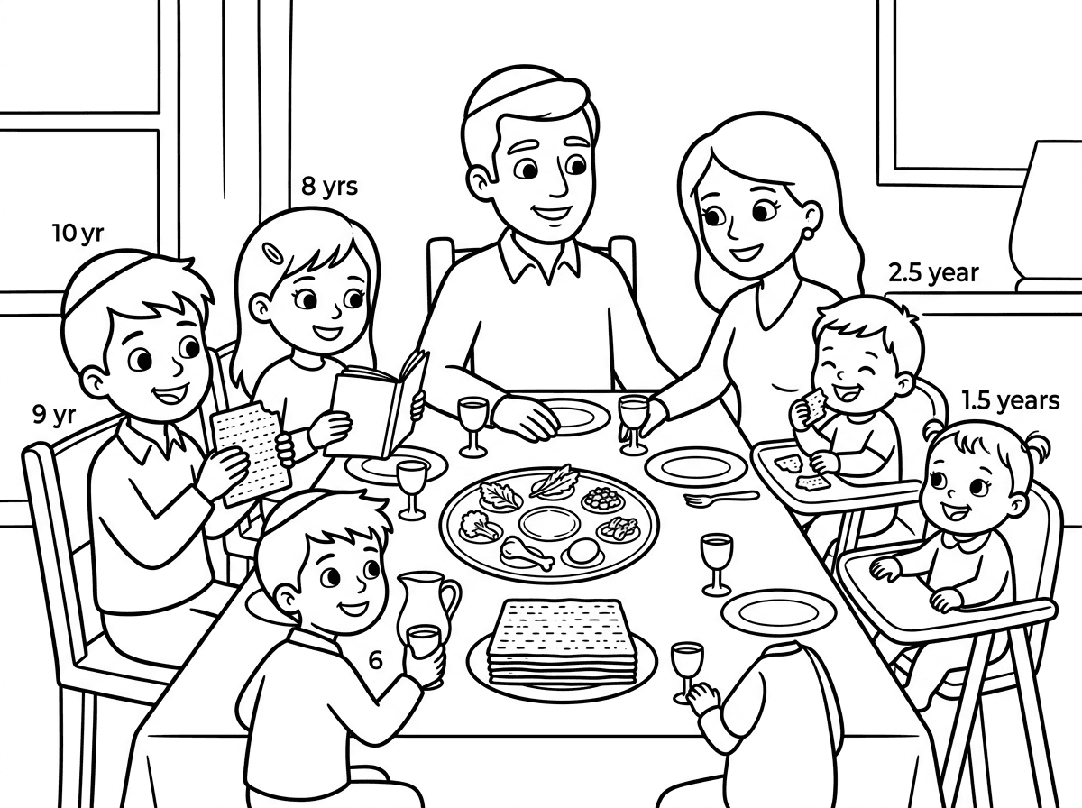 שלום
אשמח לגף צביעה של משפחה שיושבת בליל הסדר אבא אמא ילד בן 9 ילדה בת 8 ילד בן 6 ילד בן שנתיים וחצי ועוד ילדה בת שנה וחצי