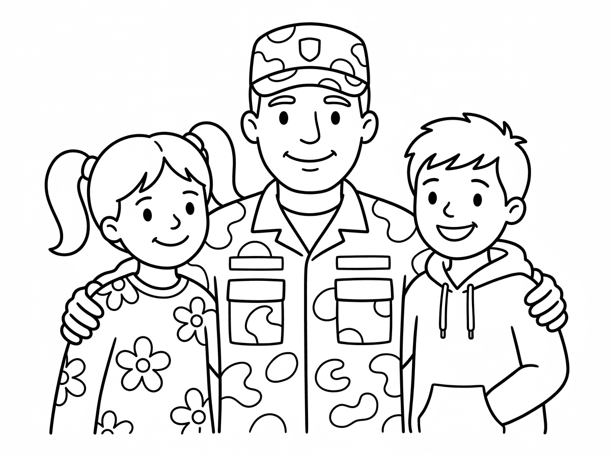 נשמח שתהפוך לנו את התמונה לציור. יש שם אבא חייל שהלך למלחמה וילדים חמודים שהתגעגעו