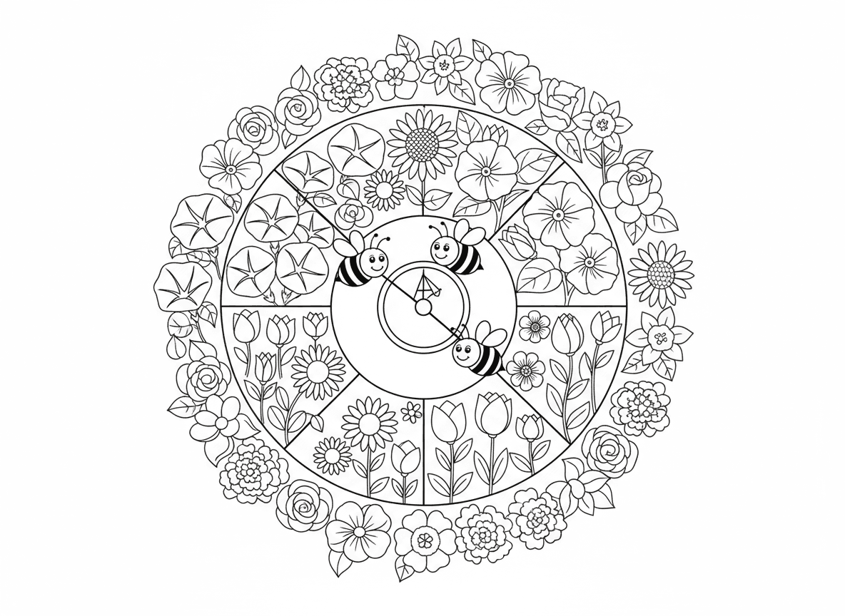 גן שעון פרחים - שעון גינה ענק שפרחים שונים פורחים בשעות שונות, תפארת הבוקר נפתחת בזריחה, פרח ירח בלילה, שעון שמש במרכז, דבורים כמחוגים, טבעת פרחי עונה סביב השוליים