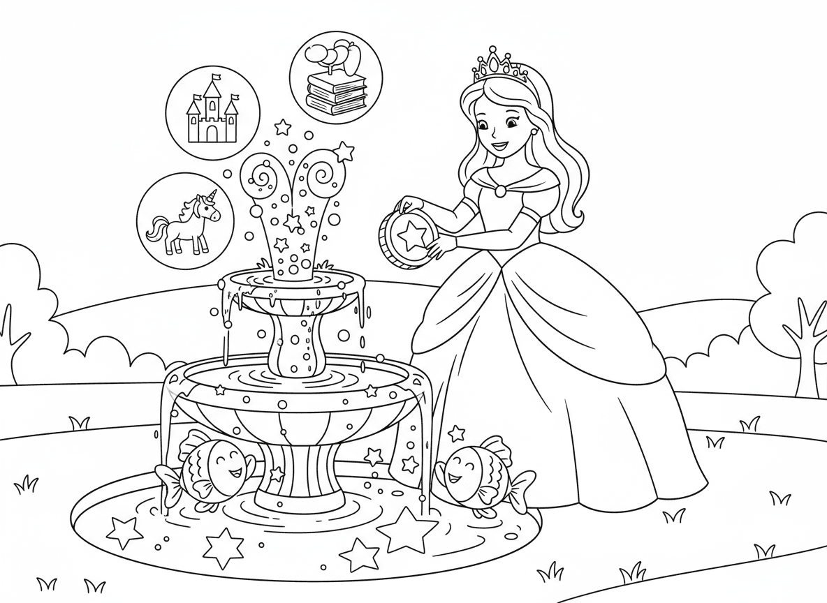 נסיכה ומזרקת המשאלות - נסיכה זורקת מטבע למזרקה קסומה שמגשימה משאלות, מי המזרקה עולים בספירלות נוצצות, בועות משאלות מרחפות עם תמונות בפנים, דגי זהב מעודדים, כוכבים משתקפים במים