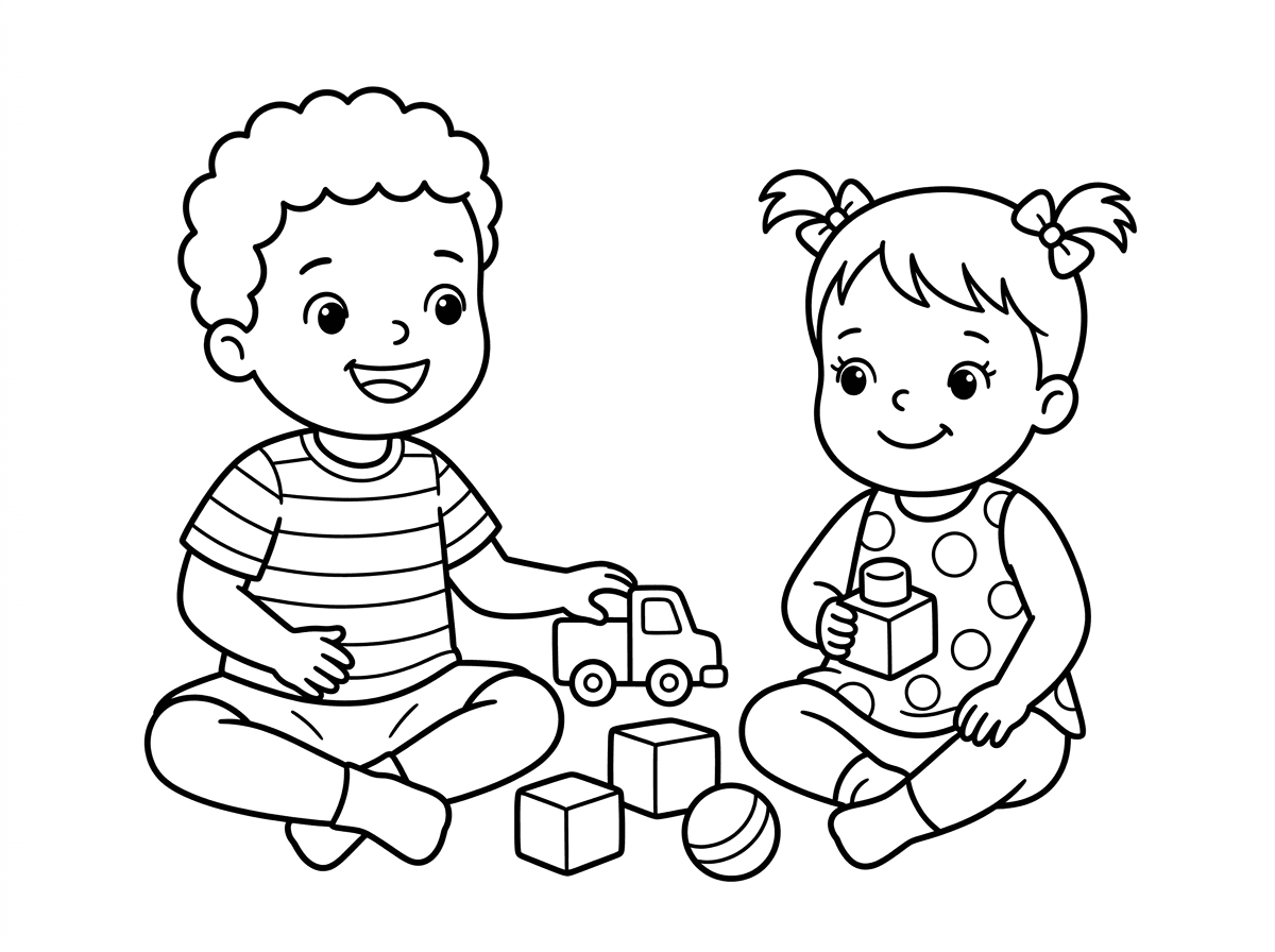 צור לי ציור לצביעה של ילד בן 2 וילדה בת שנה שמשחקים יפה ביחד במשחקים והם שמחים