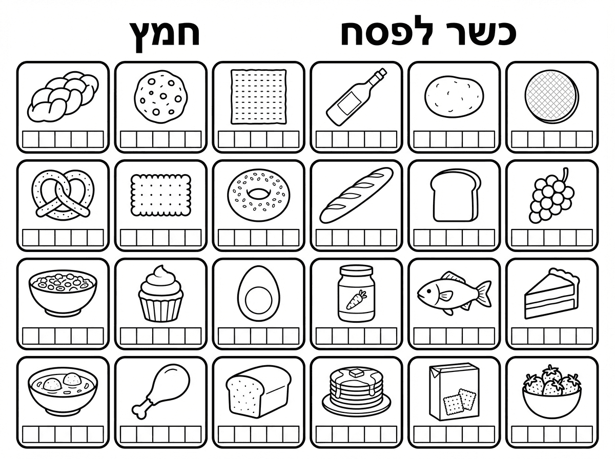 "בבקשה, תכין דף שבו יש כמו שתי וערב, מחולק לרשת עם... בערך סך הכל יוצא 20-24 מלבנים. ואז בכל מלבן תשים ציור של חלה, של עוגיה, של מצה, של יין, של תפוח אדמה, של וופלה, של ביסלי, של... של ביסקוויט, של בייגלה, של בגאט, של לחם, ככה כל דברים שהם כשרים ושלא כשרים. עם מקום מתחת לכל ציור, באותו מלבן, לכתוב 'חמץ' או 'כשר לפסח'. זאת אומרת, מקום לשש אותיות. "