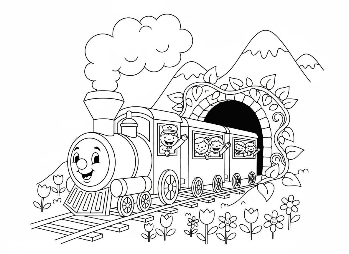 רכבת נוסעת דרך מנהרה - רכבת קיטור צבעונית נוסעת דרך מנהרה בהר, פיח עשן מהארובה, נוסעים מנופפים מחלונות, כרטיסן נשען החוצה, כניסת מנהרה עם גפנים, פרחי בר לאורך הפסים