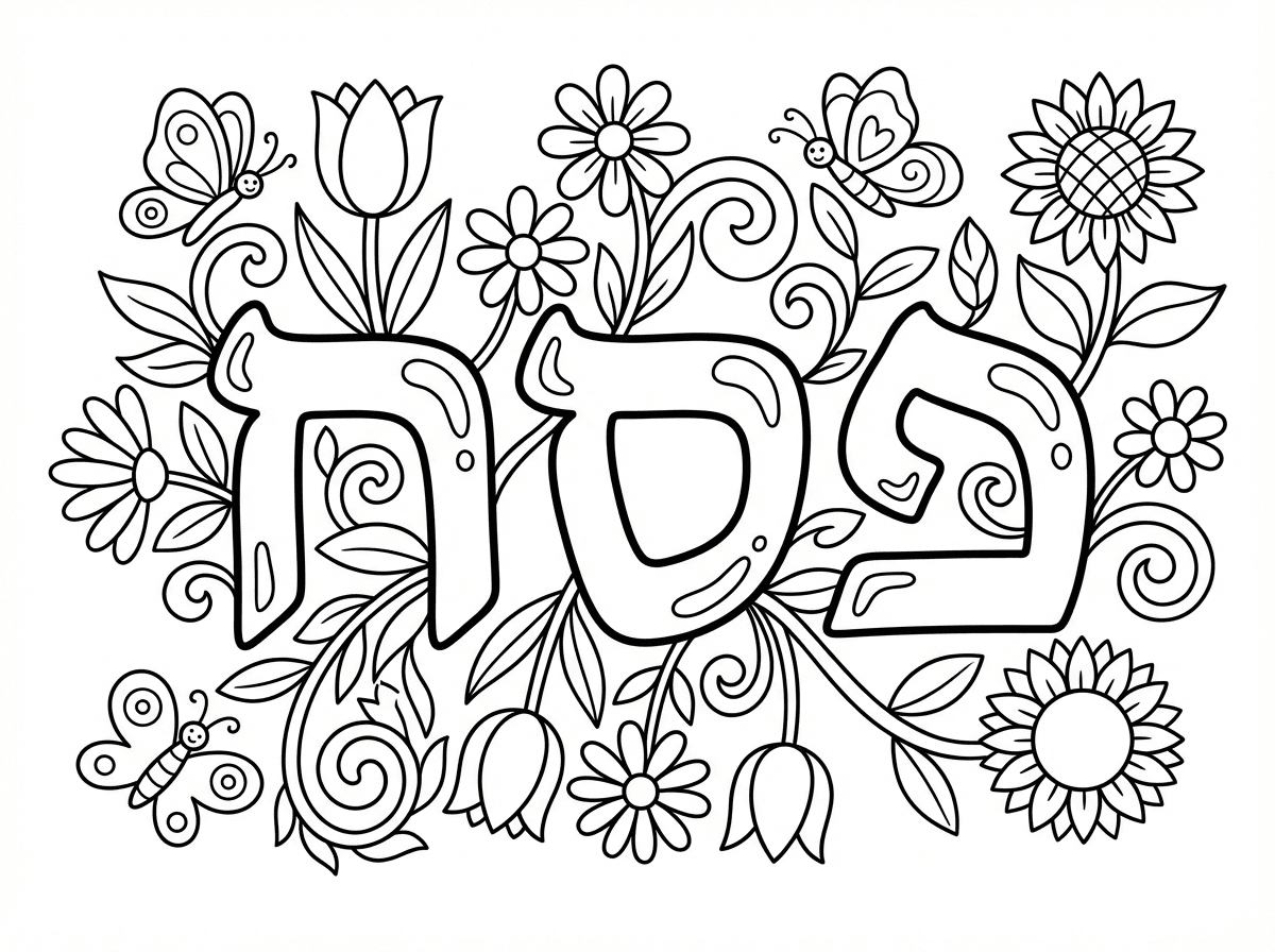 אשמח לדף צביעה שכתוב בו פסח ומסביב פרחים ופרפרים