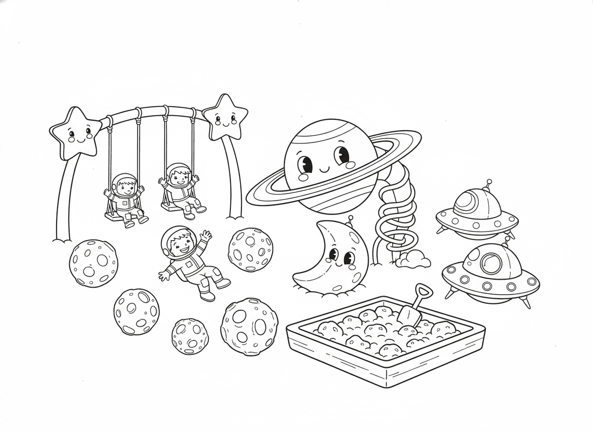 גן שעשועים בחלל
מגלשה מטבעת שבתאי, נדנדות בין כוכבים, קפיצה על אסטרואידים, וחלליות חונות ליד ארגז חול ירחי.