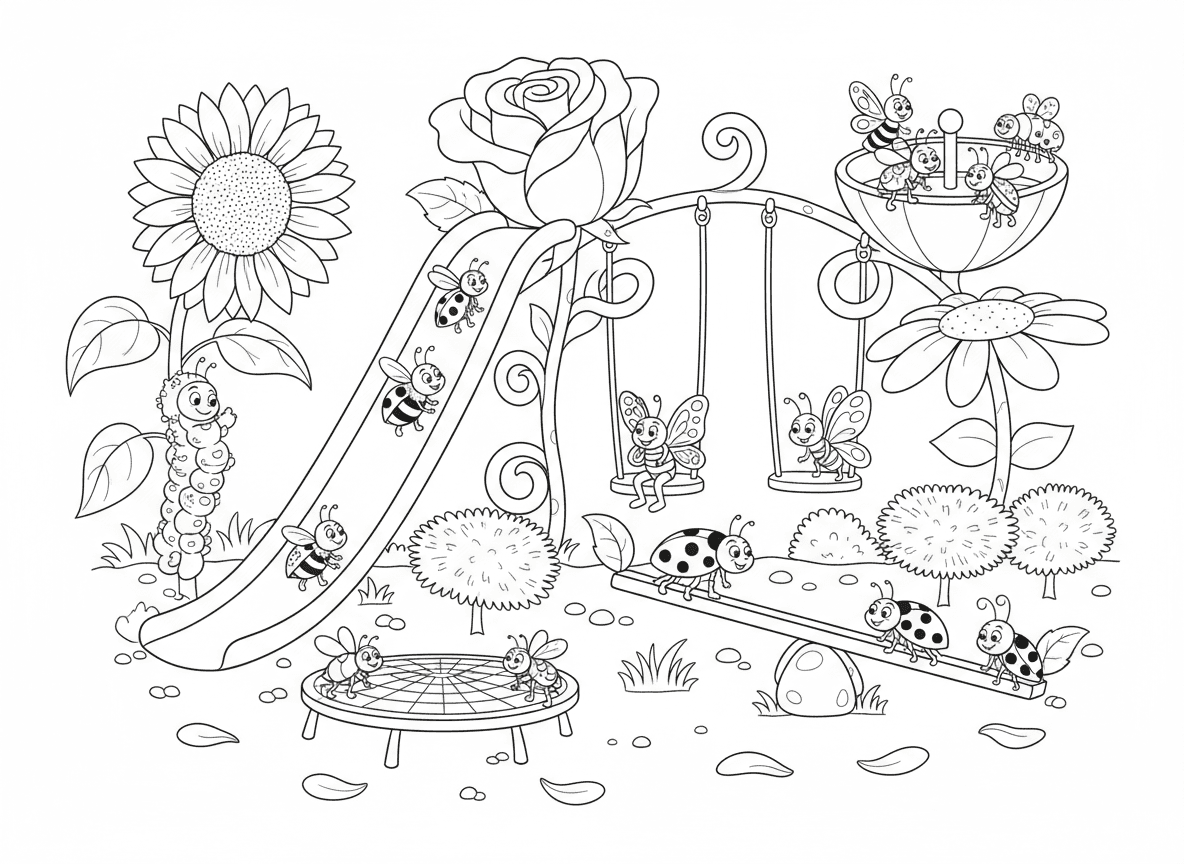 גן משחקים מפרחים לחרקים - גן משחקים עשוי פרחים שחרקים משחקים בו, מגלשות עלי כותרת, נדנדות גבעולים, קרוסלת כוס פרח, טרמפולינות שן הארי, קיר טיפוס זחל על חמנייה, חיפושית על נדנדה