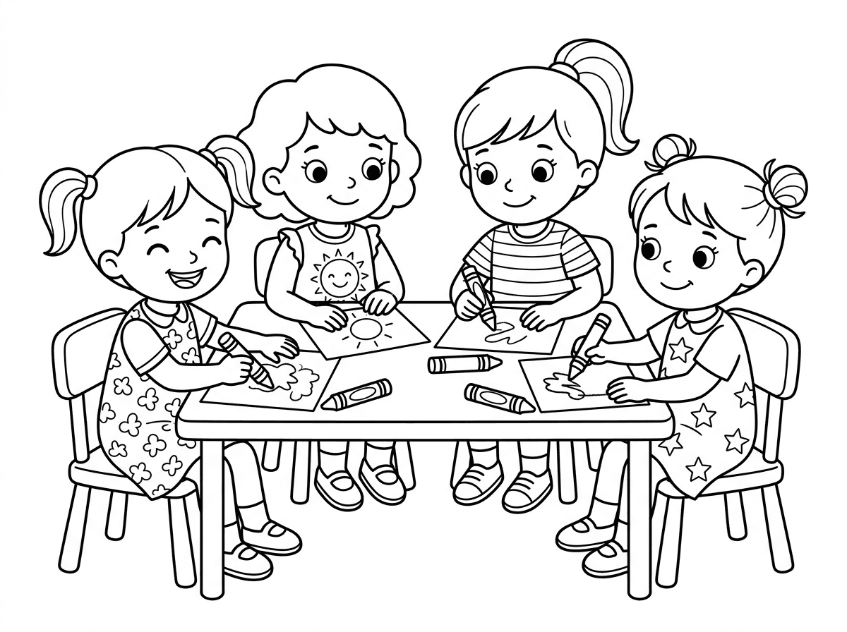 אשמח שתיצור לי תמונה של 4 ילדות חמודות יושבות ומציירות בשולחן