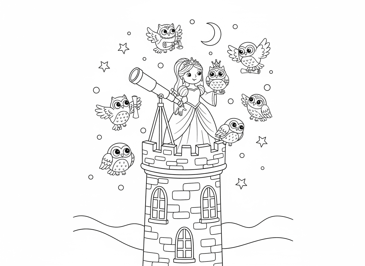 נסיכה שומרת ינשופים במגדל הקסם - נסיכה בראש מגדל גבוה מוקפת בינשופים קסומים בכל הצבעים, ינשופים מביאים מגילות הודעות, ינשוף אחד עם כתר זעיר, טלסקופ מכוון לכוכבים, שמי אור ירח