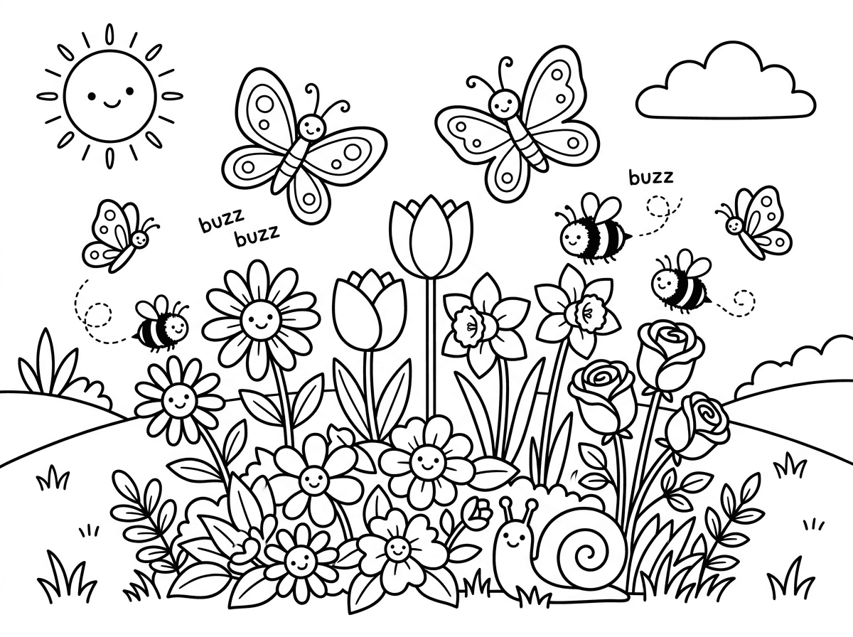 תיצור לי דף צביעה של איך יודעים שבא אביב, תמונה של עונת האביב פרפרים דבורים ופרחים
