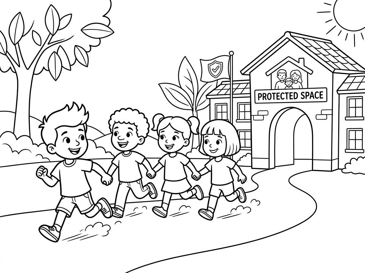 צור לי דף צביעה של ילדים שרצים למרחב המוגן בזמן אזעקה של ירי טילים