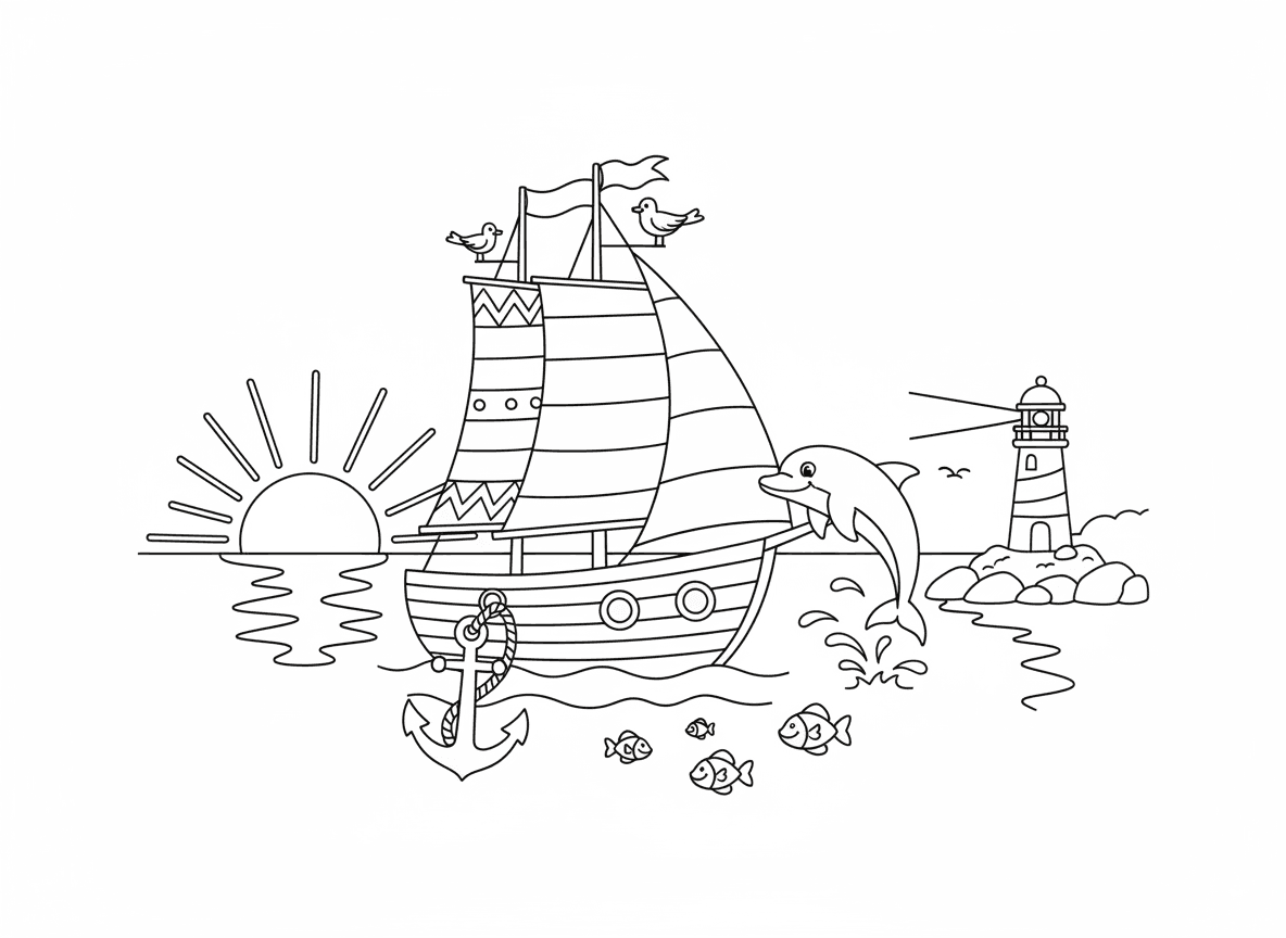 מפרשית במפרץ שקט - מפרשית יפה עם מפרשים צבעוניים צפה במפרץ שקט, דולפין קופץ לצד, שחפים נחים על התורן, מגדלור בחוף, שקיעה משתקפת במים, עוגן מושלך, דגים למטה