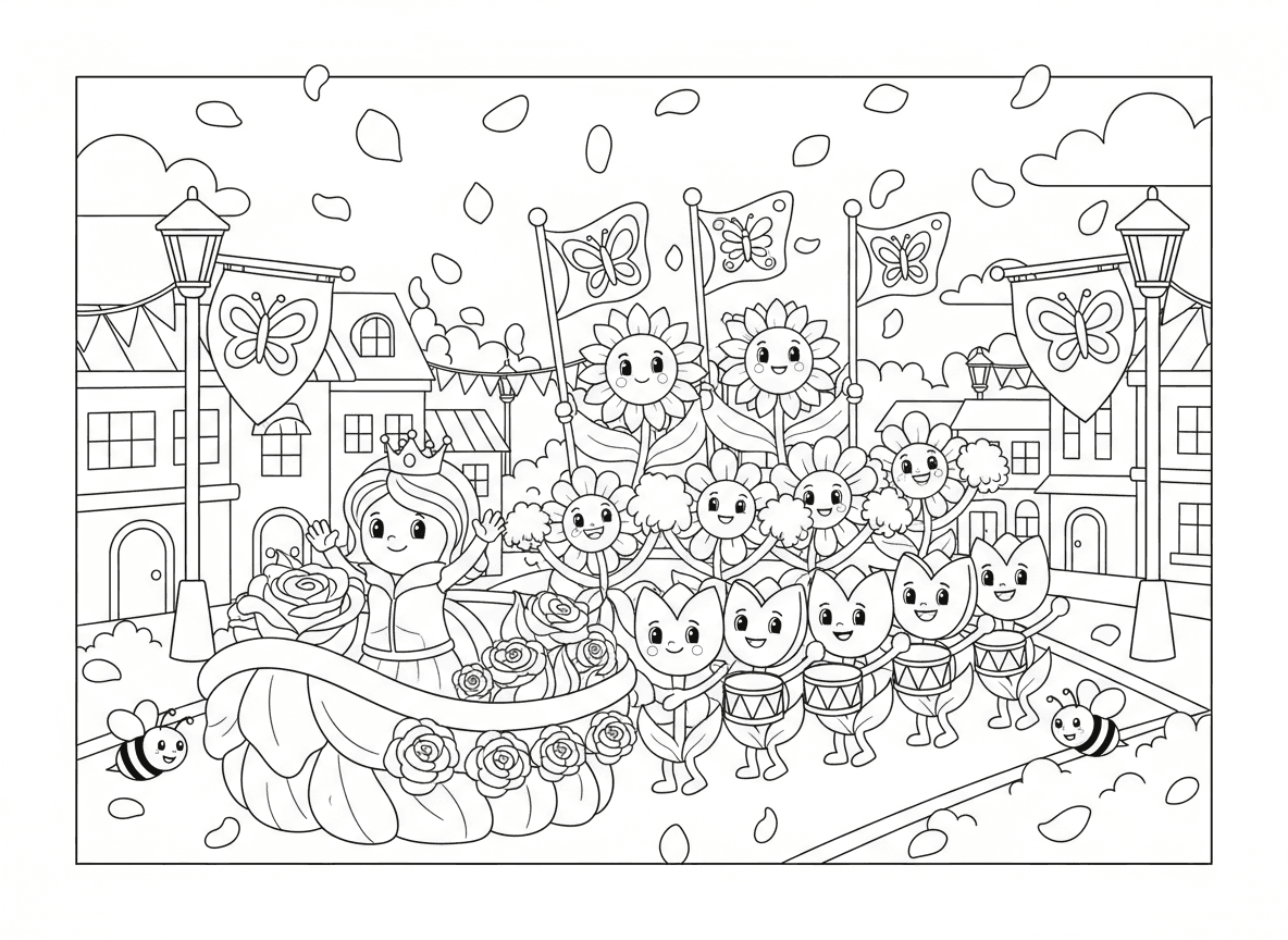 מצעד פרחי אביב - מצעד שמח של פרחים צועדים דרך עיירה, מלכת ורדים על רכב מצעד, תזמורת צעידה של צבעונים, מעודדות חינניות, נושאי דגל חמניות, קונפטי עלי כותרת, צופי דבורים, דגלי פרפרים