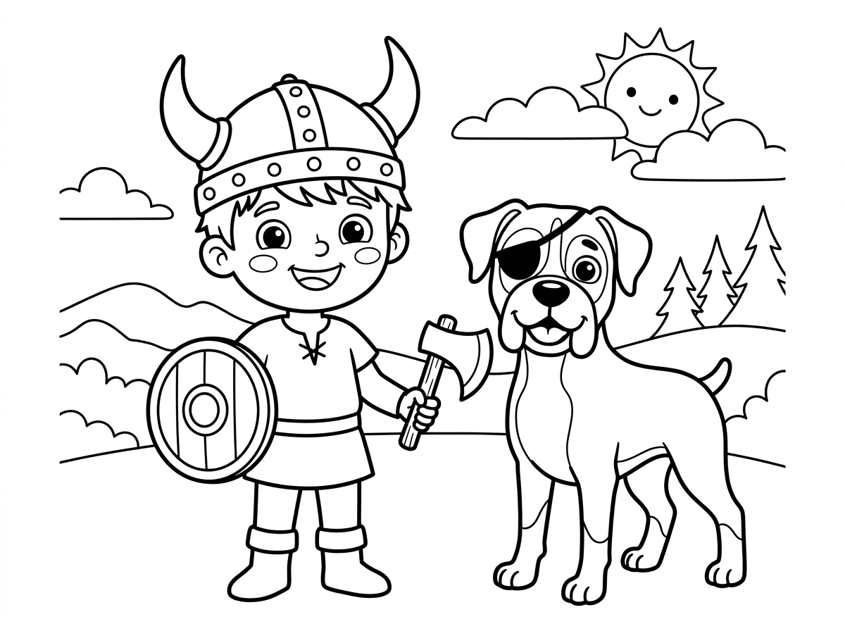 ילד ויקינג עם כלבת בוקסר עם כתם על העין