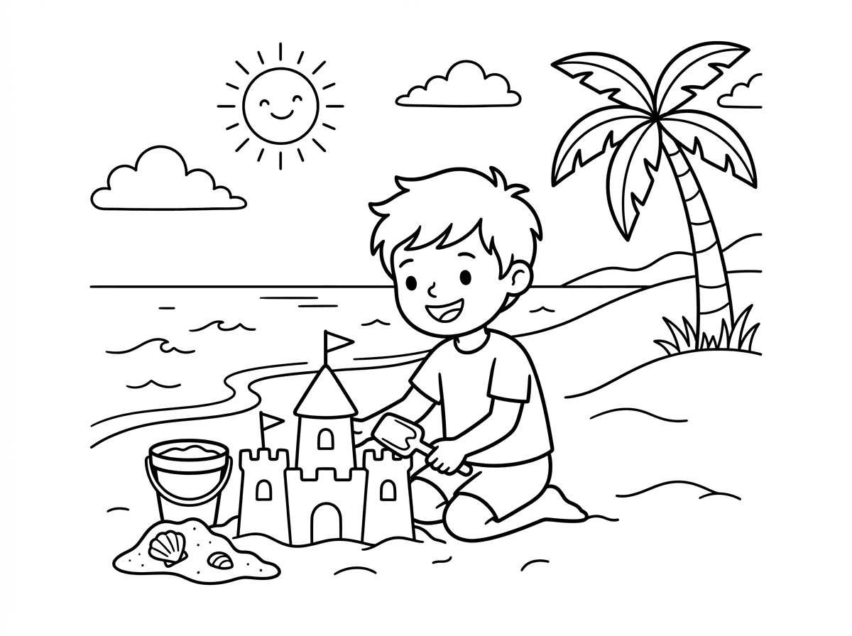תיצור לי דף צביעה של ילד שמשחק בחוף הים