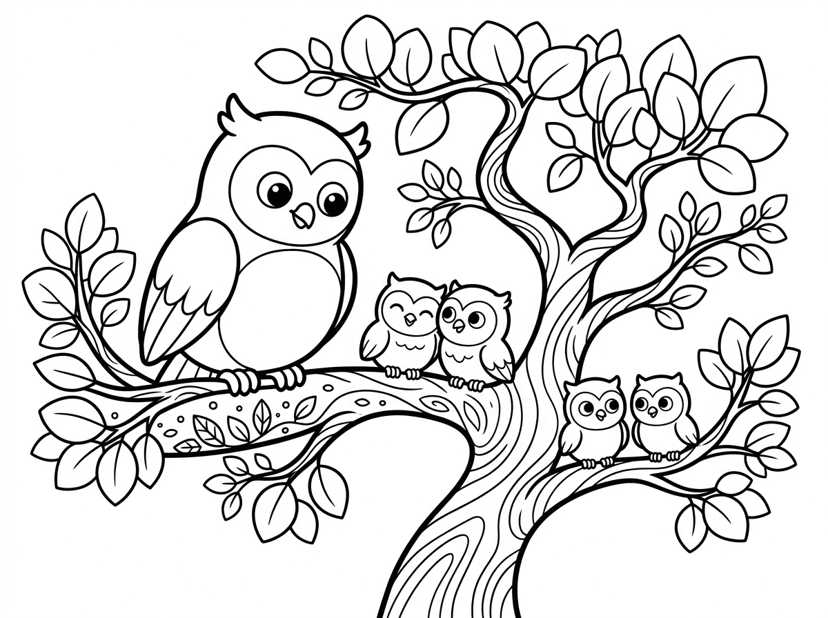 צייר ינשוף על עץ ולידו ינשופים נוספים