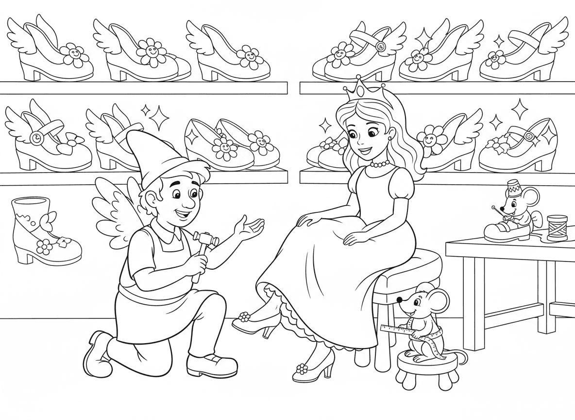 נסיכה בחנות הנעליים הקסומה - נסיכה בחנות נעליים קסומה מודדת נעלי זכוכית, מדפים של נעליים נוצצות בכל צבע, נעליים עם כנפיים, נעליים עם פרחים, סנדלר פייה עושה נעליים מותאמות, עכבר מודד רגליים