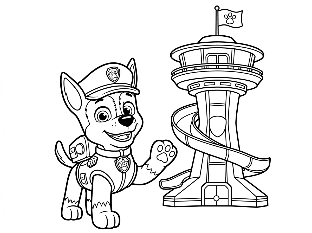 היי אשמח לדף צביעה של צ'ייס ממפרץ ההרפתקאות עם המגדל שלהם מאחורה