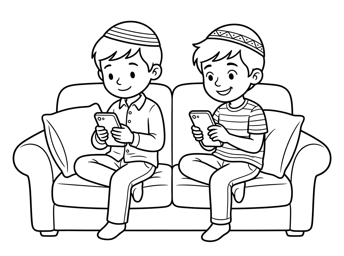 תכין לי דף צביעה של 2 ילדים עם כיפה יושבים על הספה וכל אחד משחק בפלאפון שלו