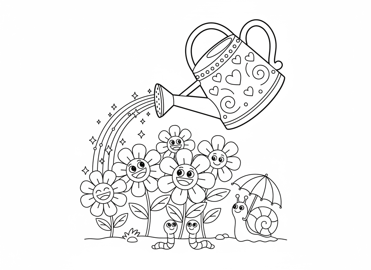 משפך משקה גן פרחים - משפך ענק מקושט מוזג מים קסומים נוצצים על גינה, פרחים מתמתחים לשתות, פרצופי פרחים שמחים, קשת בענן בריסוס המים, תולעים מציצות, חילזון עם מטרייה