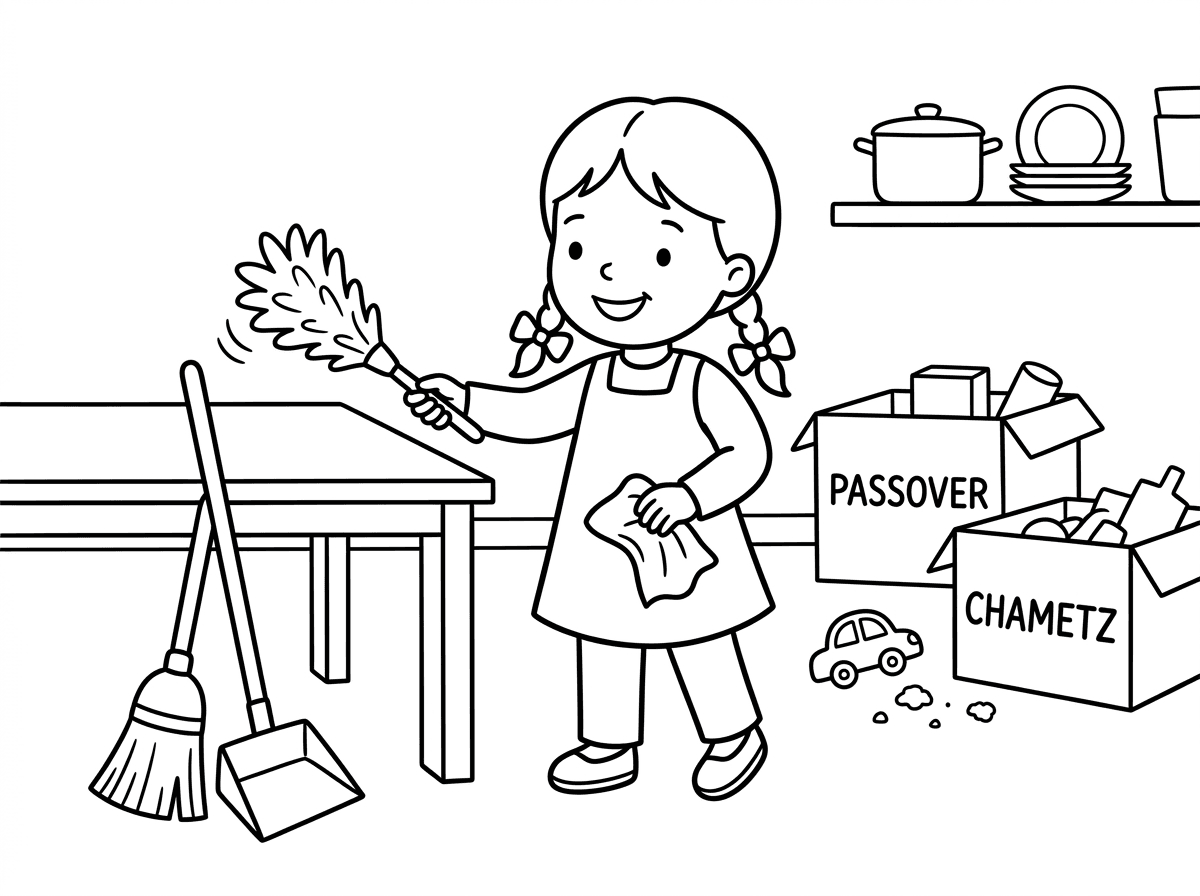 תיצור לי דף צביעה של ילדה שמנקה את הבית לפסח