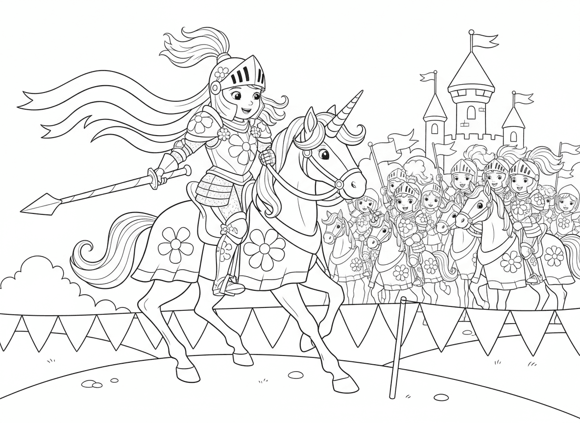 נסיכה אבירה בטורניר דו-קרב - נסיכה בשריון מבריק עם קישוטי פרחים מתחרה בטורניר דו-קרב, רוכבת על חד קרן במקום סוס, חנית מקושטת בסרטים, קהל מריע, נסיכות אבירות נוספות