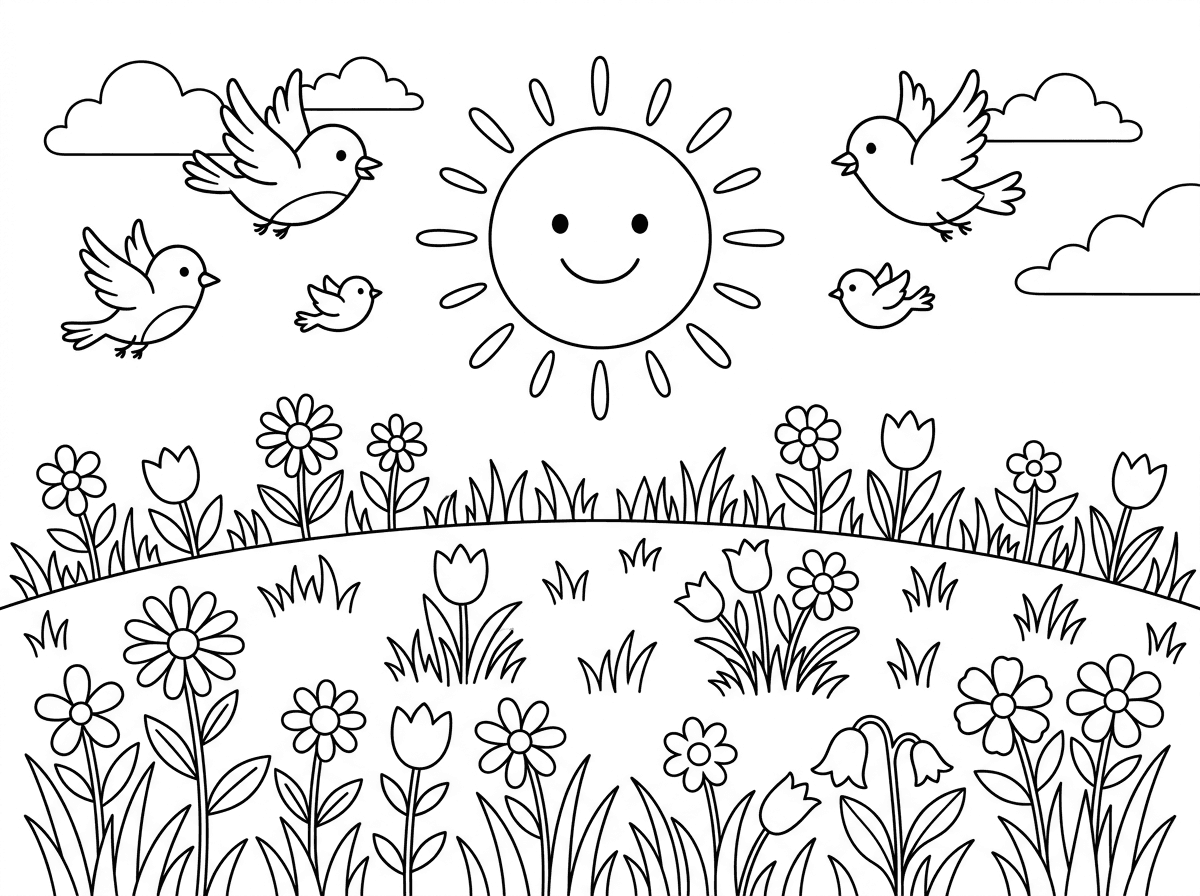 מבקשת דף צביעה של דשא עם פרחים ושמש וציפורים עפות בשמיים.