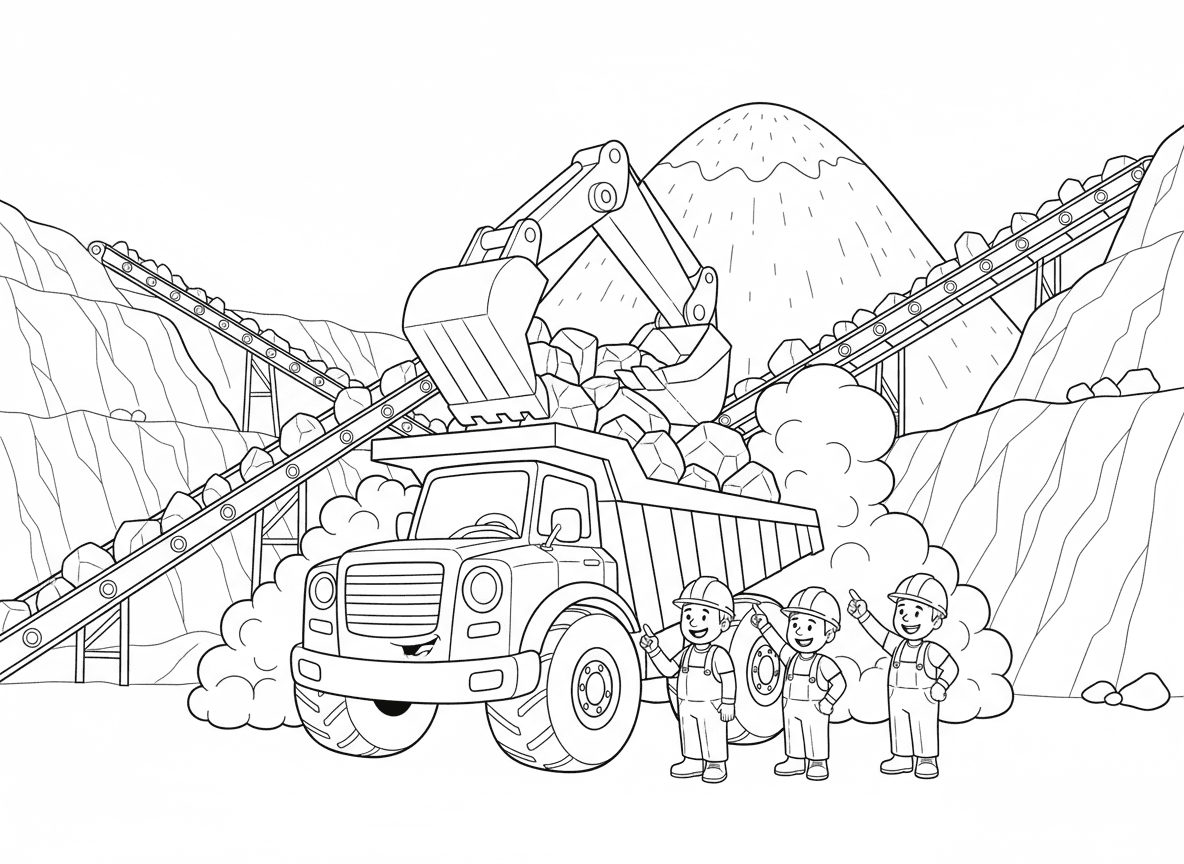 משאית מזרקת במחצבה - משאית מזרקת מאסיבית נטענת בסלעים במחצבה, חפרן ענק ממלא את הארגז, עננים של אבק, עובדים עם קסדות, הר חצץ, קירות מחצבה תלולים, מסועים