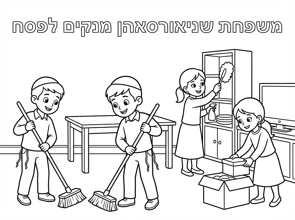 תצייר 2 בנים ו2 בנות מסדרים את הבית לפסח שהבנים יהיו עם כיפה וציצית והבנות עם חצאיות צנועות ומחשוף סגור בחולצה שיהיה כתוב משפחת שניאורסאהן מנקים לפסח