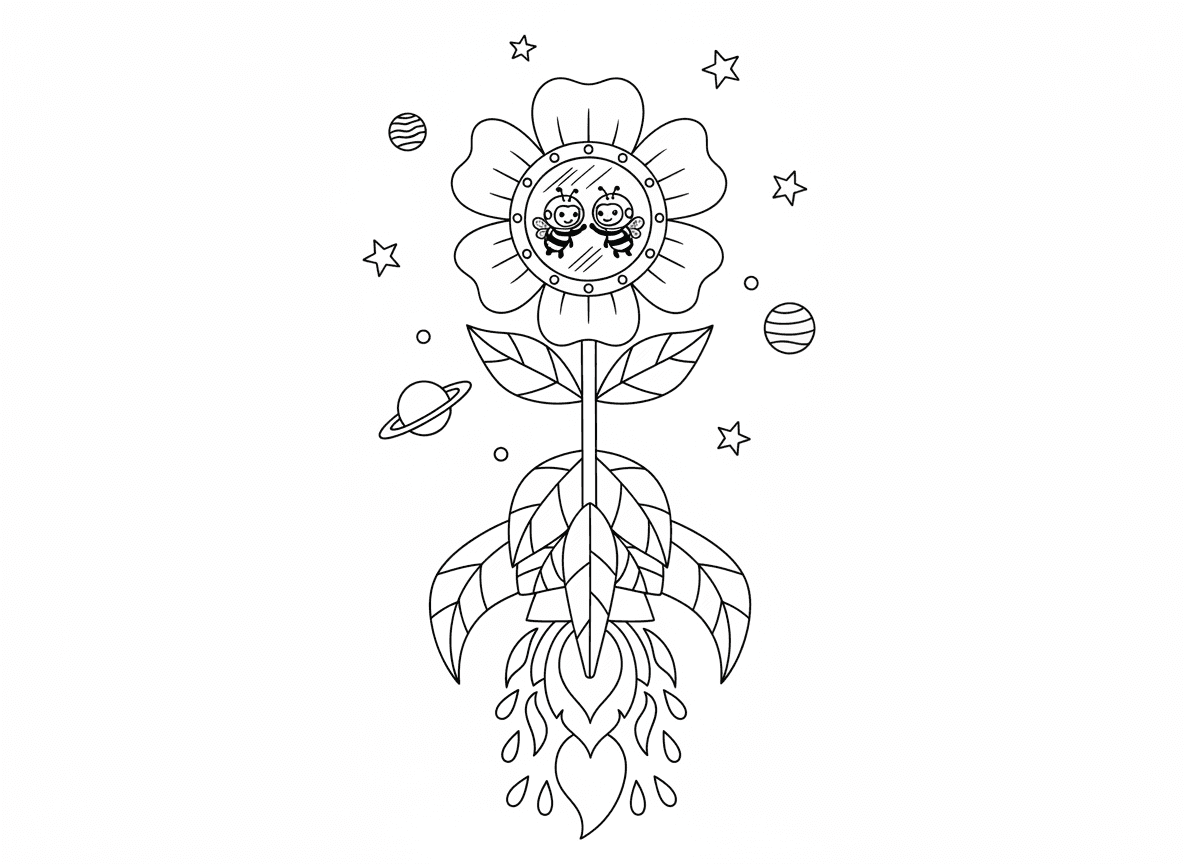 רקטת פרח ממריאה - חללית עשויה מפרח גבוה ממריאה לחלל, להבה מעלי כותרת אדומים וכתומים, דבורות אסטרונאוטיות בפנים, גבעול כגוף הרקטה, עלים כסנפירים, כוכבים וכוכבי לכת מלפנים