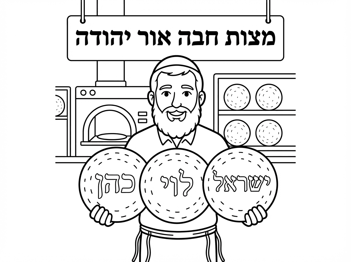 צור לי ציור של גבר בשנות ה40 עם כיפה וציציות גבר חתיך וחסון מחזיק 3 מצות עגולות עבודת יד 
על המצות לכתוב כהן, לוי ישראל
ועל רקע מאפיית מצות עם שלט מצות חבה אור יהודה